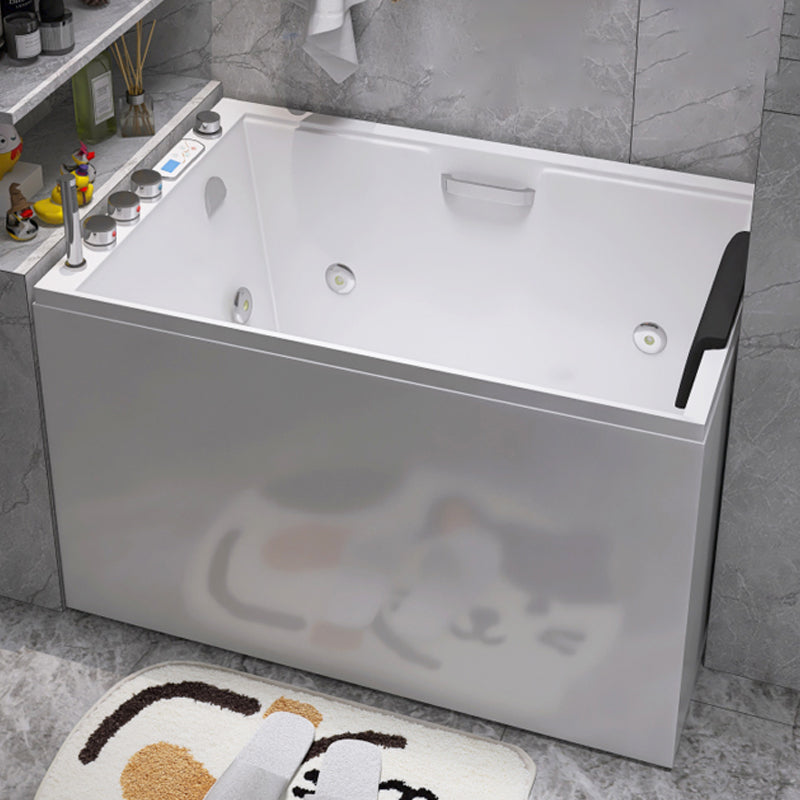 Modern Style Apron Front Bathtub Rectangular Acrylic Bathtub in White 59"L x 27"W x 26"H Message & Temperature & Bubble & Light Tub with Pillow Armrest Clearhalo 'Bathroom Remodel & Bathroom Fixtures' 'Bathtubs' 'Home Improvement' 'home_improvement' 'home_improvement_bathtubs' 'Showers & Bathtubs' 6639780