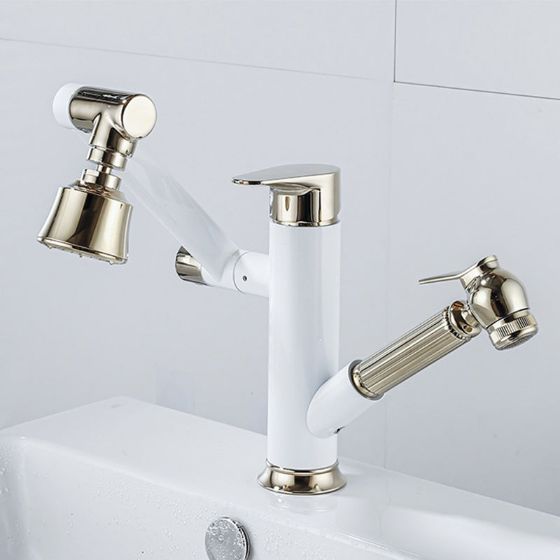 Centerset Lavatory Faucet One Hole Faucet with Single Lever Handle Blanco-Dorado Lujoso Clearhalo 'bathroom_sink_faucets' 'Conjunta de Baño y Conjunta de Grifo' 'Coronamiento de Baño y Dispositivo de Baño' 'Grifo del lavabo del baño' 'Hogar' 'home_improvement' 'home_improvement_bathroom_sink_faucets' 'Mejoras para el hogar' 6643567