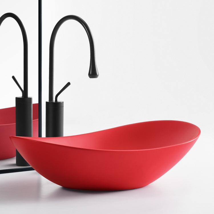 Modern Vessel Bathroom Sink Oval Porcelain with Pop-Up Drain Vessel Lavatory Sink 24"L x 14.2"W x 6.3"H Red Gooseneck Faucet Clearhalo 'Bathroom Remodel & Bathroom Fixtures' 'Bathroom Sinks & Faucet Components' 'Bathroom Sinks' 'bathroom_sink' 'Home Improvement' 'home_improvement' 'home_improvement_bathroom_sink' 6644089