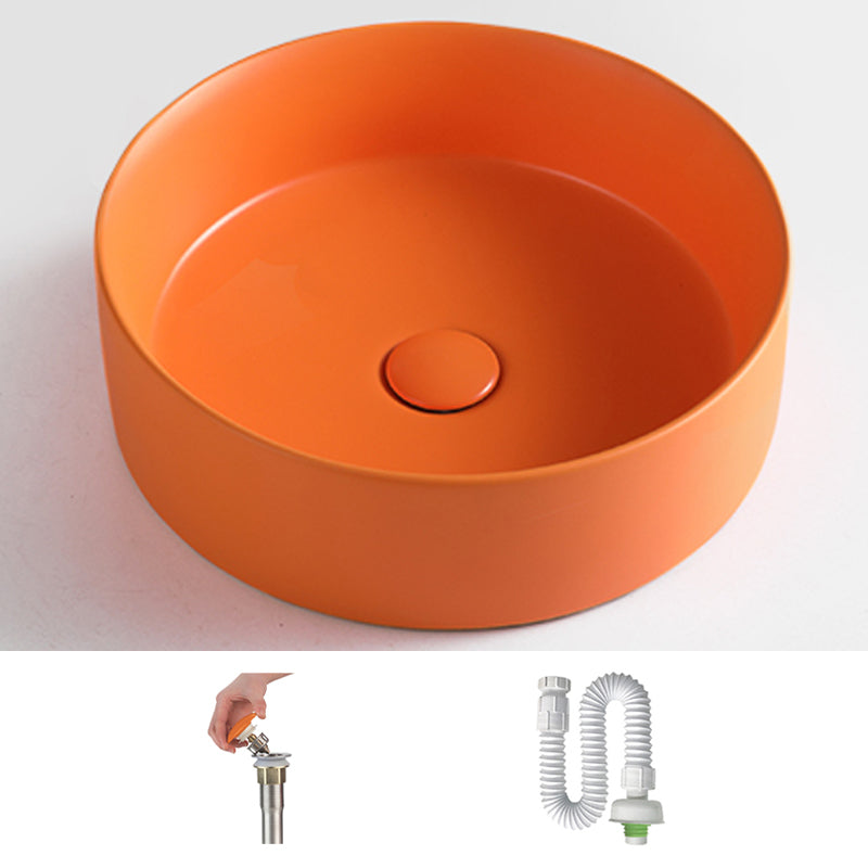 Round White and Orange Trough Bathroom Sink Porcelain Trough Bathroom Sink 16"L x 16"W x 5"H Orange Sink Clearhalo 'Bathroom Remodel & Bathroom Fixtures' 'Bathroom Sinks & Faucet Components' 'Bathroom Sinks' 'bathroom_sink' 'Home Improvement' 'home_improvement' 'home_improvement_bathroom_sink' 6644125