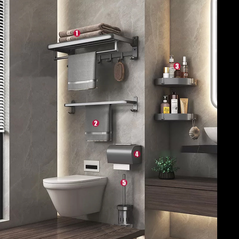 Modern Gray Aluminum Bath Hardware Set Bathroom Accessory Kit 6-Piece Set (Triangular Bath Shelf) Clearhalo 'Bathroom Hardware Sets' 'Bathroom Hardware' 'Bathroom Remodel & Bathroom Fixtures' 'bathroom_hardware_sets' 'Home Improvement' 'home_improvement' 'home_improvement_bathroom_hardware_sets' 6648677