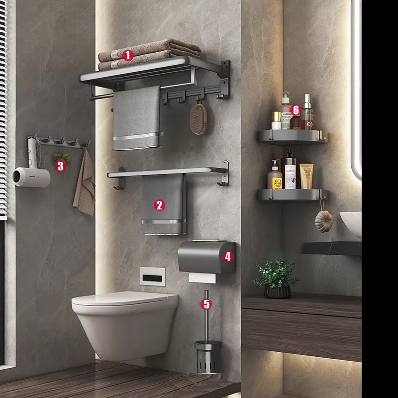 Modern Gray Aluminum Bath Hardware Set Bathroom Accessory Kit 7-Piece Set (Hooks) Clearhalo 'Bathroom Hardware Sets' 'Bathroom Hardware' 'Bathroom Remodel & Bathroom Fixtures' 'bathroom_hardware_sets' 'Home Improvement' 'home_improvement' 'home_improvement_bathroom_hardware_sets' 6648678