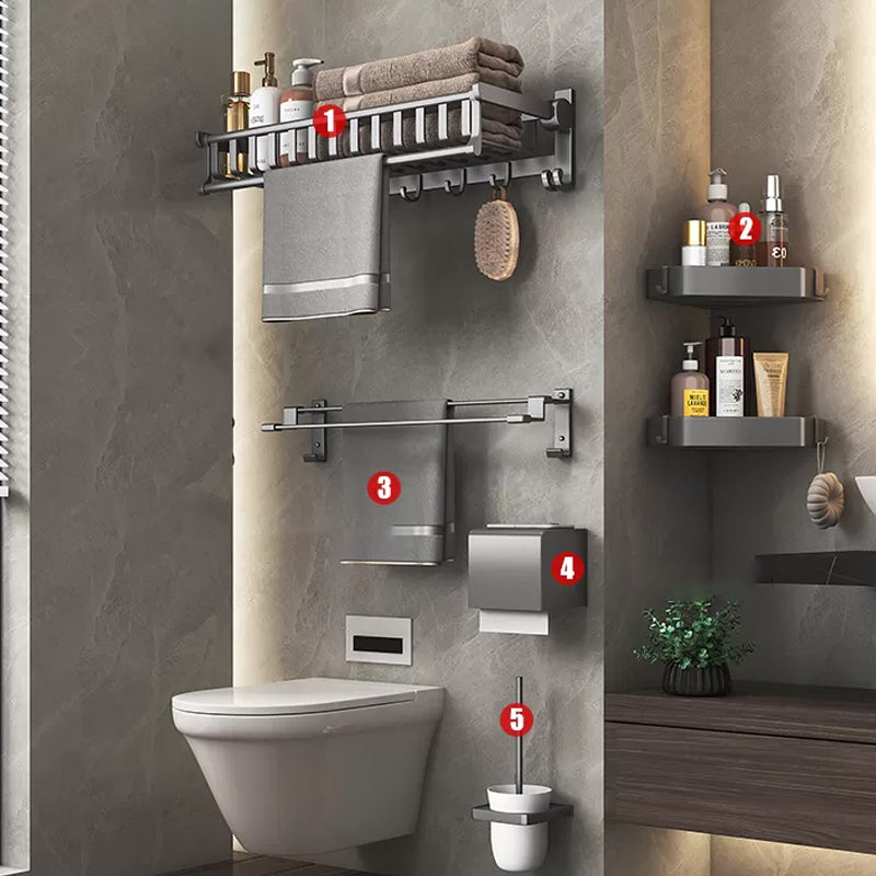 Modern Gray Aluminum Bath Hardware Set Bathroom Accessory Kit 6-Piece Set (Toilet Brush) Clearhalo 'Bathroom Hardware Sets' 'Bathroom Hardware' 'Bathroom Remodel & Bathroom Fixtures' 'bathroom_hardware_sets' 'Home Improvement' 'home_improvement' 'home_improvement_bathroom_hardware_sets' 6648688