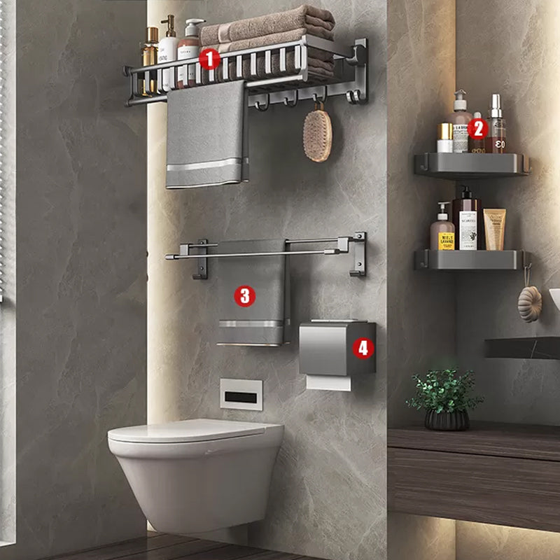 Modern Gray Aluminum Bath Hardware Set Bathroom Accessory Kit 5-Piece Set (Triangle Bath Shelf) Clearhalo 'Bathroom Hardware Sets' 'Bathroom Hardware' 'Bathroom Remodel & Bathroom Fixtures' 'bathroom_hardware_sets' 'Home Improvement' 'home_improvement' 'home_improvement_bathroom_hardware_sets' 6648693