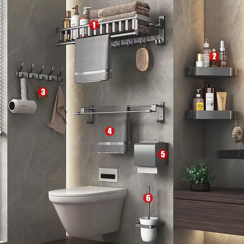 Modern Gray Aluminum Bath Hardware Set Bathroom Accessory Kit 7-Piece Set (Toilet Brush) Clearhalo 'Bathroom Hardware Sets' 'Bathroom Hardware' 'Bathroom Remodel & Bathroom Fixtures' 'bathroom_hardware_sets' 'Home Improvement' 'home_improvement' 'home_improvement_bathroom_hardware_sets' 6648703