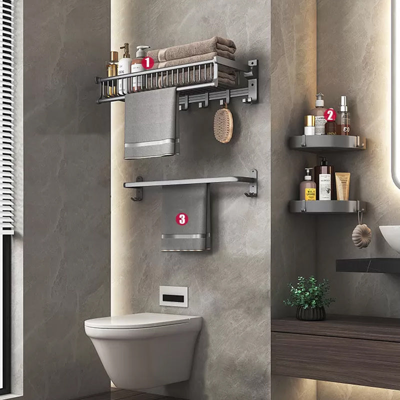 Modern Gray Aluminum Bath Hardware Set Bathroom Accessory Kit Mesh Basket 4-Piece Set (Towel Bar) Clearhalo 'Bathroom Hardware Sets' 'Bathroom Hardware' 'Bathroom Remodel & Bathroom Fixtures' 'bathroom_hardware_sets' 'Home Improvement' 'home_improvement' 'home_improvement_bathroom_hardware_sets' 6648706