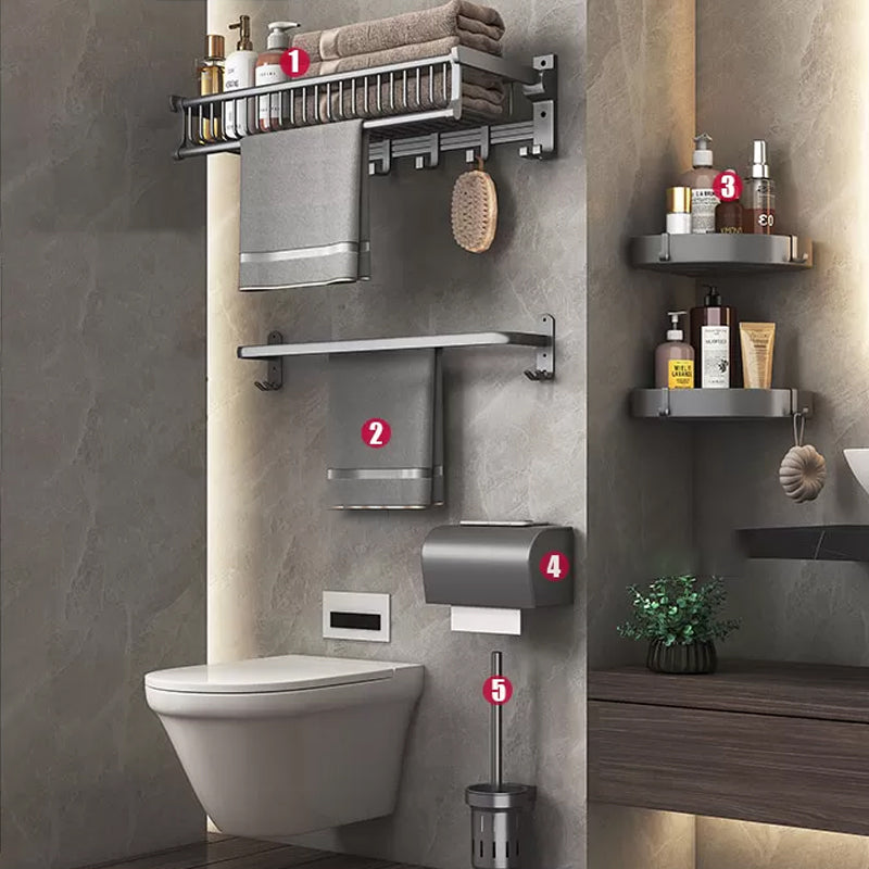 Modern Gray Aluminum Bath Hardware Set Bathroom Accessory Kit Mesh Basket 6-Piece Set (Toilet Brush) Clearhalo 'Bathroom Hardware Sets' 'Bathroom Hardware' 'Bathroom Remodel & Bathroom Fixtures' 'bathroom_hardware_sets' 'Home Improvement' 'home_improvement' 'home_improvement_bathroom_hardware_sets' 6648710