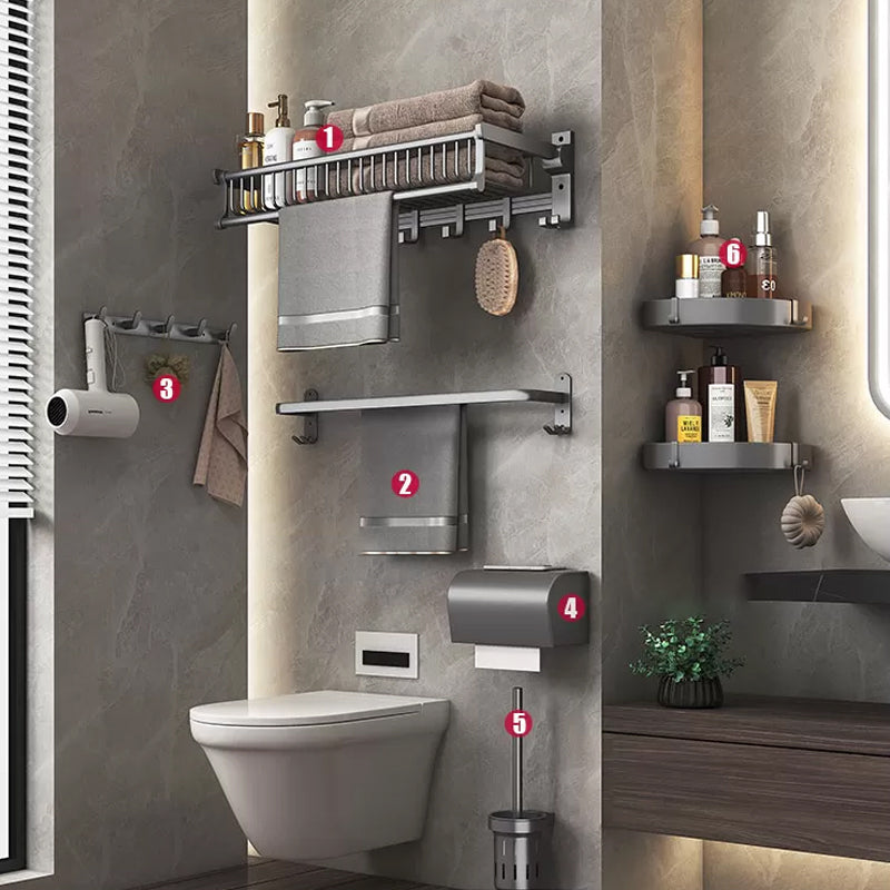 Modern Gray Aluminum Bath Hardware Set Bathroom Accessory Kit Mesh Basket 7-Piece Set (Toilet Brush) Clearhalo 'Bathroom Hardware Sets' 'Bathroom Hardware' 'Bathroom Remodel & Bathroom Fixtures' 'bathroom_hardware_sets' 'Home Improvement' 'home_improvement' 'home_improvement_bathroom_hardware_sets' 6648712