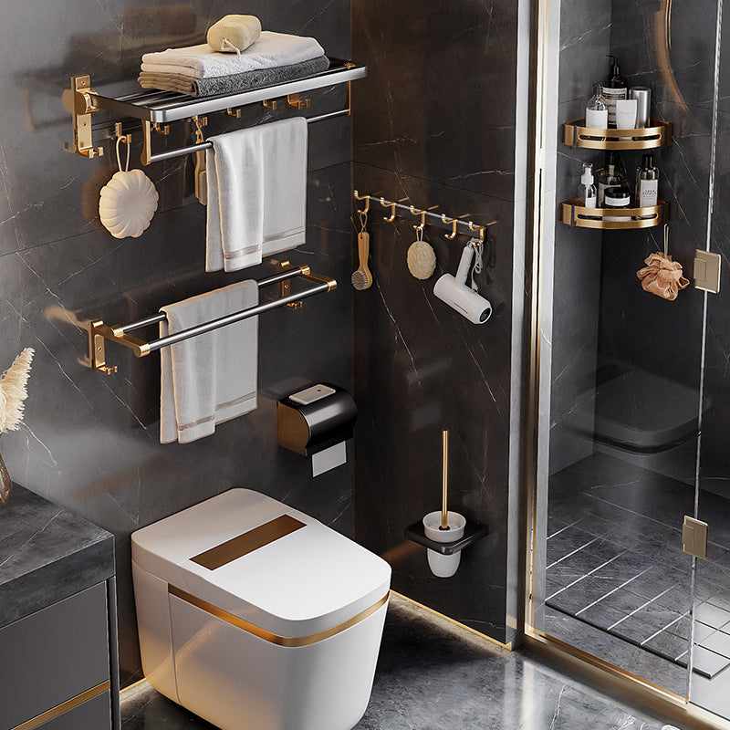 Black & Brass Bathroom Hardware Set Modern Stainless Bath Shelf/Towel Bar/Paper Holder Clearhalo 'Bathroom Hardware Sets' 'Bathroom Hardware' 'Bathroom Remodel & Bathroom Fixtures' 'bathroom_hardware_sets' 'Home Improvement' 'home_improvement' 'home_improvement_bathroom_hardware_sets' 6648930