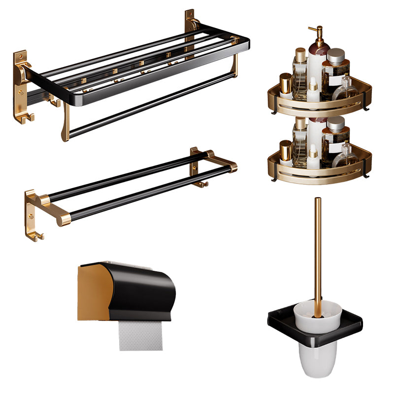 Black & Brass Bathroom Hardware Set Modern Stainless Bath Shelf/Towel Bar/Paper Holder 6-Piece Set (8"L Toilet Paper Holder) Clearhalo 'Bathroom Hardware Sets' 'Bathroom Hardware' 'Bathroom Remodel & Bathroom Fixtures' 'bathroom_hardware_sets' 'Home Improvement' 'home_improvement' 'home_improvement_bathroom_hardware_sets' 6648949