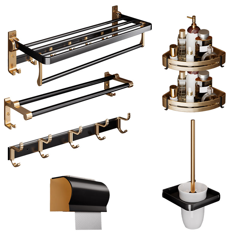 Black & Brass Bathroom Hardware Set Modern Stainless Bath Shelf/Towel Bar/Paper Holder 7-Piece Set (8"L Toilet Paper Holder) Clearhalo 'Bathroom Hardware Sets' 'Bathroom Hardware' 'Bathroom Remodel & Bathroom Fixtures' 'bathroom_hardware_sets' 'Home Improvement' 'home_improvement' 'home_improvement_bathroom_hardware_sets' 6648951