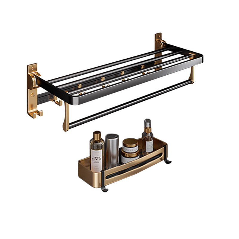 Black & Brass Bathroom Hardware Set Modern Stainless Bath Shelf/Towel Bar/Paper Holder Towel Rack with Square Bath Shelf Clearhalo 'Bathroom Hardware Sets' 'Bathroom Hardware' 'Bathroom Remodel & Bathroom Fixtures' 'bathroom_hardware_sets' 'Home Improvement' 'home_improvement' 'home_improvement_bathroom_hardware_sets' 6648957