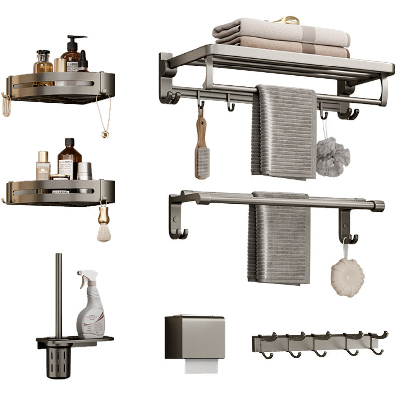 Modern Bathroom Accessory Set in Gray with Bath Shelf/Towel Bar/Robe Hooks & Paper Holder Clearhalo 'Bathroom Hardware Sets' 'Bathroom Hardware' 'Bathroom Remodel & Bathroom Fixtures' 'bathroom_hardware_sets' 'Home Improvement' 'home_improvement' 'home_improvement_bathroom_hardware_sets' 6649019