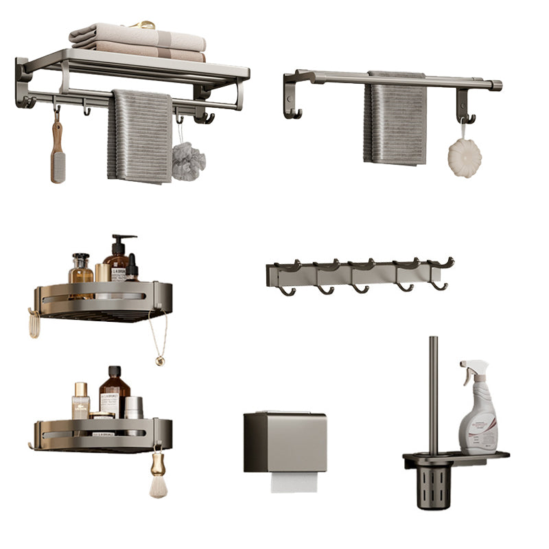 Modern Bathroom Accessory Set in Gray with Bath Shelf/Towel Bar/Robe Hooks & Paper Holder 7-Piece Set Clearhalo 'Bathroom Hardware Sets' 'Bathroom Hardware' 'Bathroom Remodel & Bathroom Fixtures' 'bathroom_hardware_sets' 'Home Improvement' 'home_improvement' 'home_improvement_bathroom_hardware_sets' 6649030