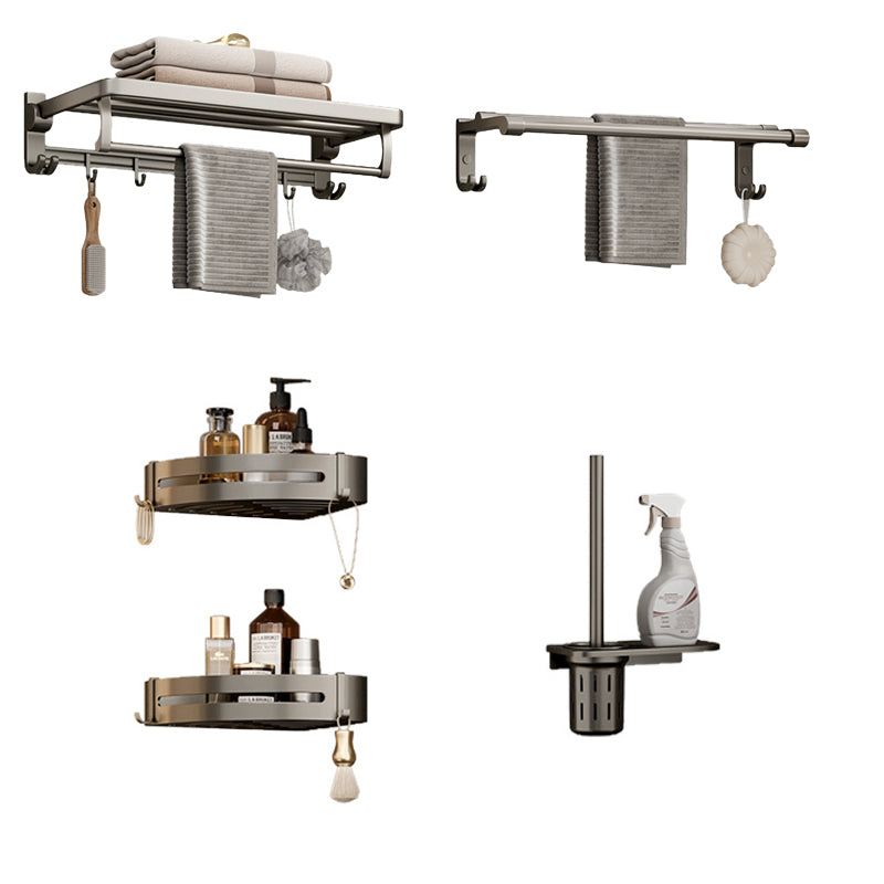 Modern Bathroom Accessory Set in Gray with Bath Shelf/Towel Bar/Robe Hooks & Paper Holder 5-Piece Set (Towel Bar) Clearhalo 'Bathroom Hardware Sets' 'Bathroom Hardware' 'Bathroom Remodel & Bathroom Fixtures' 'bathroom_hardware_sets' 'Home Improvement' 'home_improvement' 'home_improvement_bathroom_hardware_sets' 6649037