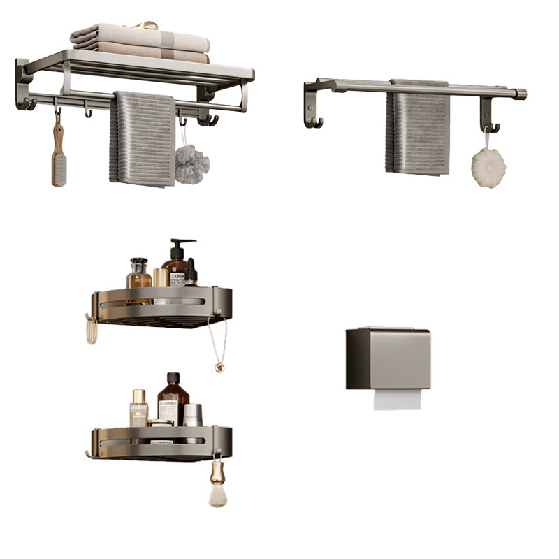 Modern Bathroom Accessory Set in Gray with Bath Shelf/Towel Bar/Robe Hooks & Paper Holder 5-Piece Set (8"L Toilet Paper Holder) Clearhalo 'Bathroom Hardware Sets' 'Bathroom Hardware' 'Bathroom Remodel & Bathroom Fixtures' 'bathroom_hardware_sets' 'Home Improvement' 'home_improvement' 'home_improvement_bathroom_hardware_sets' 6649039