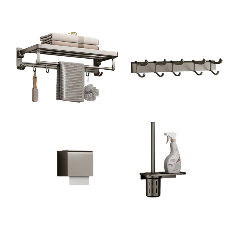 Modern Bathroom Accessory Set in Gray with Bath Shelf/Towel Bar/Robe Hooks & Paper Holder 4-Piece Set (Row Hook) Clearhalo 'Bathroom Hardware Sets' 'Bathroom Hardware' 'Bathroom Remodel & Bathroom Fixtures' 'bathroom_hardware_sets' 'Home Improvement' 'home_improvement' 'home_improvement_bathroom_hardware_sets' 6649042