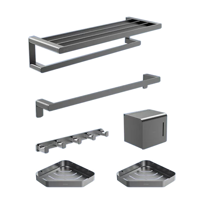 Contemporary Bathroom Accessory Set in Aluminum with Towel Bar/Bath Shelf Grey Single Bar 6-Piece Set Clearhalo 'Bathroom Hardware Sets' 'Bathroom Hardware' 'Bathroom Remodel & Bathroom Fixtures' 'bathroom_hardware_sets' 'Home Improvement' 'home_improvement' 'home_improvement_bathroom_hardware_sets' 6649089