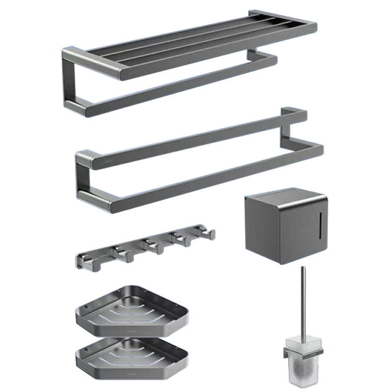 Contemporary Bathroom Accessory Set in Aluminum with Towel Bar/Bath Shelf Grey Single Bar 7-Piece Set Clearhalo 'Bathroom Hardware Sets' 'Bathroom Hardware' 'Bathroom Remodel & Bathroom Fixtures' 'bathroom_hardware_sets' 'Home Improvement' 'home_improvement' 'home_improvement_bathroom_hardware_sets' 6649091