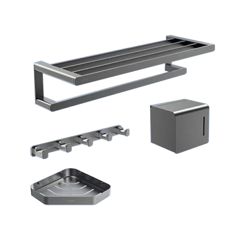 Contemporary Bathroom Accessory Set in Aluminum with Towel Bar/Bath Shelf Grey Single Bar 4-Piece Set Clearhalo 'Bathroom Hardware Sets' 'Bathroom Hardware' 'Bathroom Remodel & Bathroom Fixtures' 'bathroom_hardware_sets' 'Home Improvement' 'home_improvement' 'home_improvement_bathroom_hardware_sets' 6649093