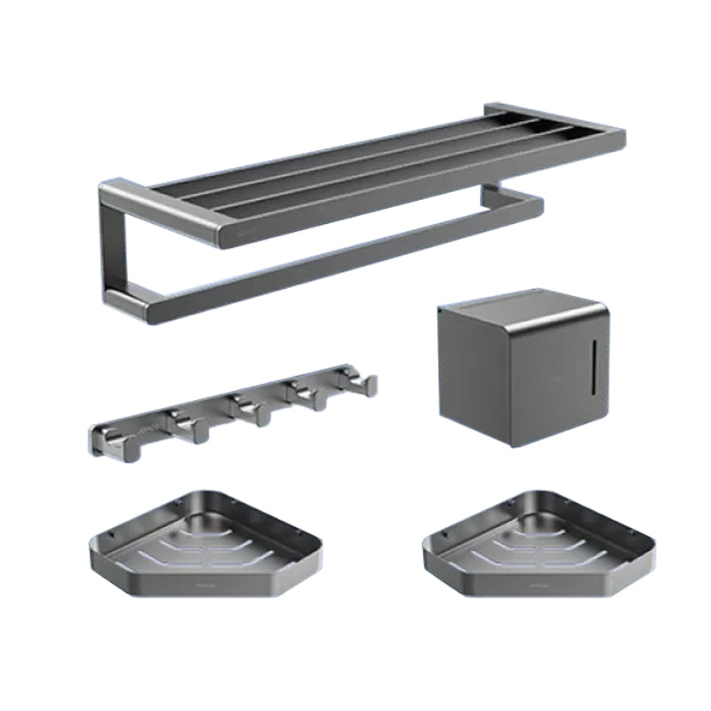 Contemporary Bathroom Accessory Set in Aluminum with Towel Bar/Bath Shelf Grey Single Bar 5-Piece Set Clearhalo 'Bathroom Hardware Sets' 'Bathroom Hardware' 'Bathroom Remodel & Bathroom Fixtures' 'bathroom_hardware_sets' 'Home Improvement' 'home_improvement' 'home_improvement_bathroom_hardware_sets' 6649095