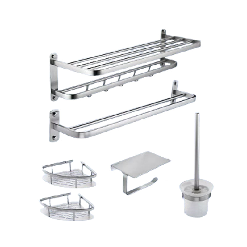 Contemporary Bathroom Accessory Set in Aluminum with Towel Bar/Bath Shelf Chrome Double Layer 6-Piece Set Clearhalo 'Bathroom Hardware Sets' 'Bathroom Hardware' 'Bathroom Remodel & Bathroom Fixtures' 'bathroom_hardware_sets' 'Home Improvement' 'home_improvement' 'home_improvement_bathroom_hardware_sets' 6649098