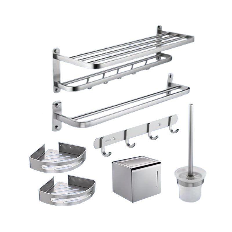 Contemporary Bathroom Accessory Set in Aluminum with Towel Bar/Bath Shelf Chrome Double Layer 7-Piece Set Clearhalo 'Bathroom Hardware Sets' 'Bathroom Hardware' 'Bathroom Remodel & Bathroom Fixtures' 'bathroom_hardware_sets' 'Home Improvement' 'home_improvement' 'home_improvement_bathroom_hardware_sets' 6649100