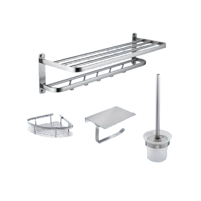 Contemporary Bathroom Accessory Set in Aluminum with Towel Bar/Bath Shelf Chrome Double Layer 4-Piece Set Clearhalo 'Bathroom Hardware Sets' 'Bathroom Hardware' 'Bathroom Remodel & Bathroom Fixtures' 'bathroom_hardware_sets' 'Home Improvement' 'home_improvement' 'home_improvement_bathroom_hardware_sets' 6649103