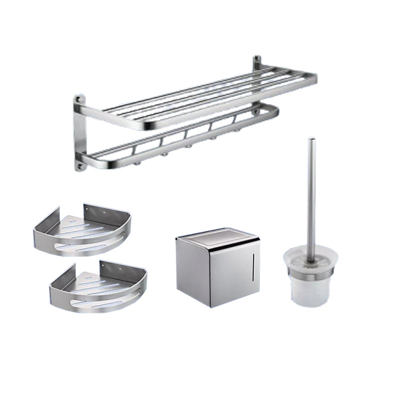 Contemporary Bathroom Accessory Set in Aluminum with Towel Bar/Bath Shelf Chrome Double Layer 5-Piece Set Clearhalo 'Bathroom Hardware Sets' 'Bathroom Hardware' 'Bathroom Remodel & Bathroom Fixtures' 'bathroom_hardware_sets' 'Home Improvement' 'home_improvement' 'home_improvement_bathroom_hardware_sets' 6649106