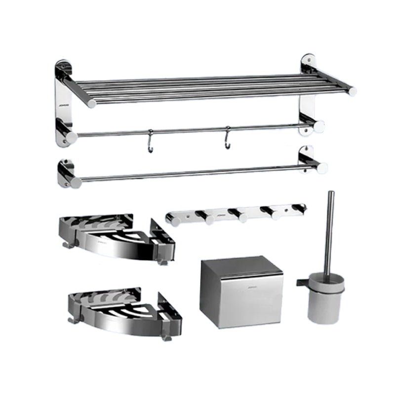 Contemporary Bathroom Accessory Set in Aluminum with Towel Bar/Bath Shelf Bright Grey Single Bar 7-Piece Set Clearhalo 'Bathroom Hardware Sets' 'Bathroom Hardware' 'Bathroom Remodel & Bathroom Fixtures' 'bathroom_hardware_sets' 'Home Improvement' 'home_improvement' 'home_improvement_bathroom_hardware_sets' 6649120