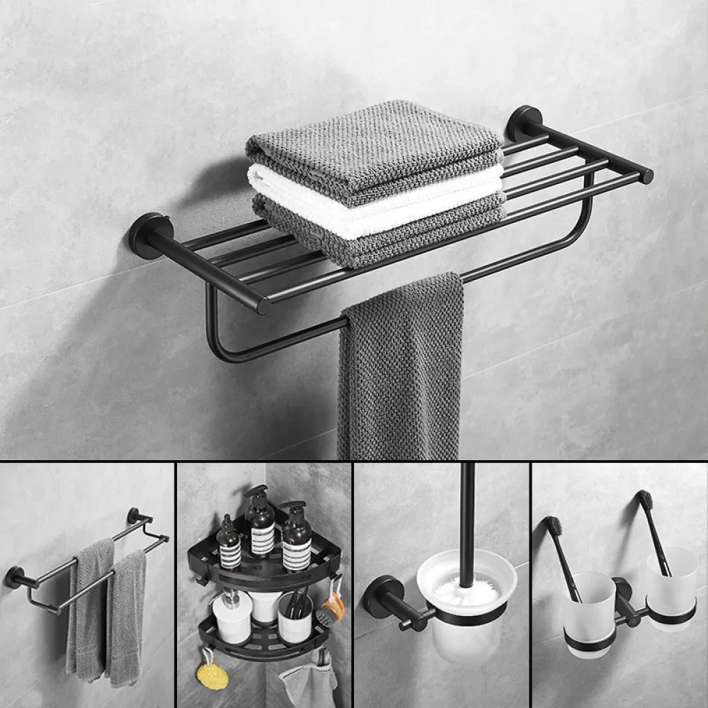 Traditional Stainless Steel Bath Hardware Set Bathroom Accessory Kit Black 6-Piece Set (Triangular Bath Shelf) Clearhalo 'Bathroom Hardware Sets' 'Bathroom Hardware' 'Bathroom Remodel & Bathroom Fixtures' 'bathroom_hardware_sets' 'Home Improvement' 'home_improvement' 'home_improvement_bathroom_hardware_sets' 6649162