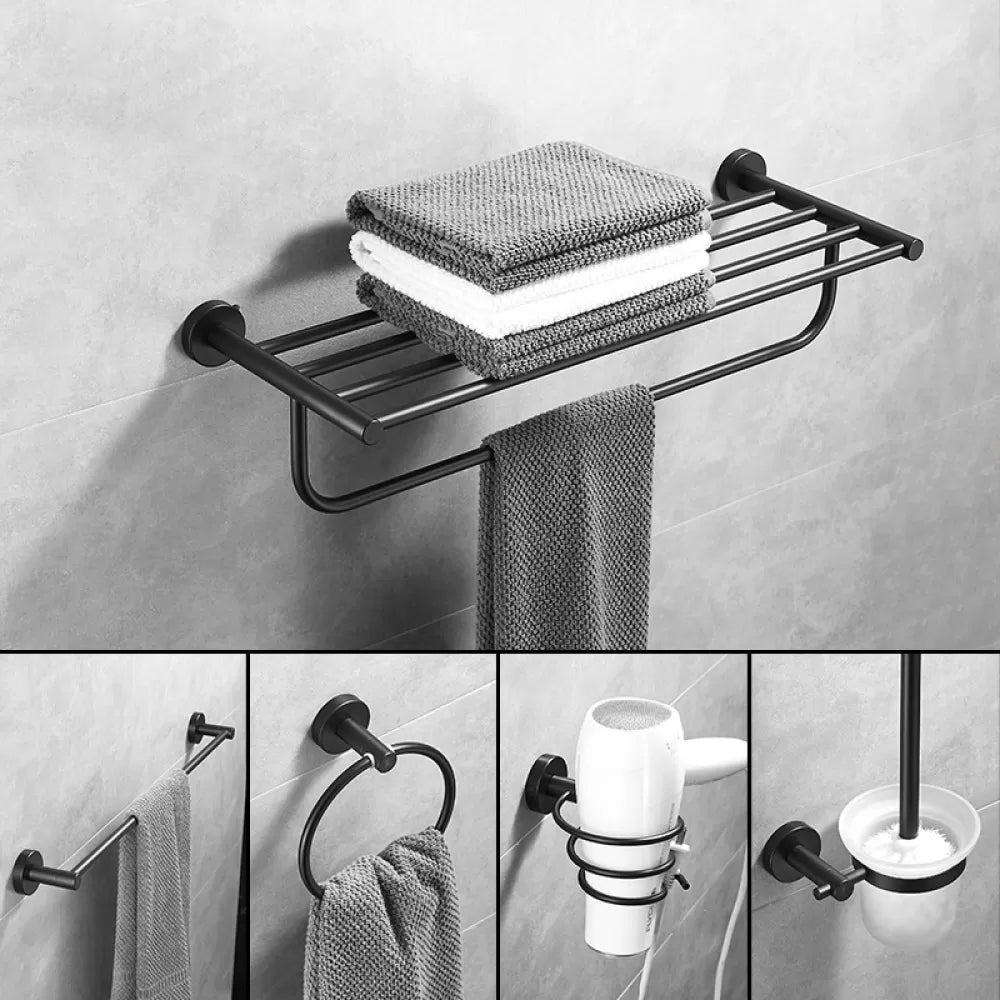 Traditional Stainless Steel Bath Hardware Set Bathroom Accessory Kit Black 5-Piece Set (Towel Ring) Clearhalo 'Bathroom Hardware Sets' 'Bathroom Hardware' 'Bathroom Remodel & Bathroom Fixtures' 'bathroom_hardware_sets' 'Home Improvement' 'home_improvement' 'home_improvement_bathroom_hardware_sets' 6649170