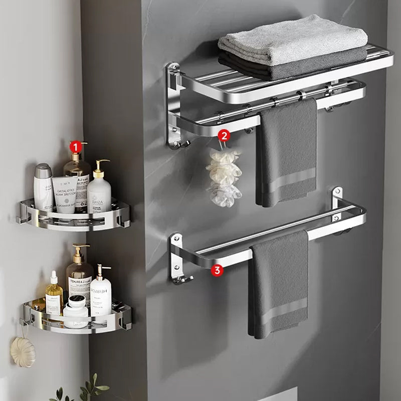 Polished Chrome Modern Bathroom Accessory Set in Stainless with Bath Shelf/Towel Bar Double Hooks Foldable 4-Piece Set (Towel Bar) Clearhalo 'Bathroom Hardware Sets' 'Bathroom Hardware' 'Bathroom Remodel & Bathroom Fixtures' 'bathroom_hardware_sets' 'Home Improvement' 'home_improvement' 'home_improvement_bathroom_hardware_sets' 6649268