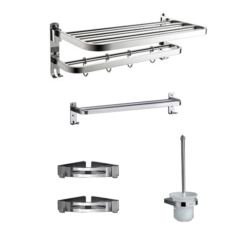 Polished Chrome Modern Bathroom Accessory Set in Stainless with Bath Shelf/Towel Bar Double Hooks Foldable 5-Piece Set (Towel Bar) Clearhalo 'Bathroom Hardware Sets' 'Bathroom Hardware' 'Bathroom Remodel & Bathroom Fixtures' 'bathroom_hardware_sets' 'Home Improvement' 'home_improvement' 'home_improvement_bathroom_hardware_sets' 6649272