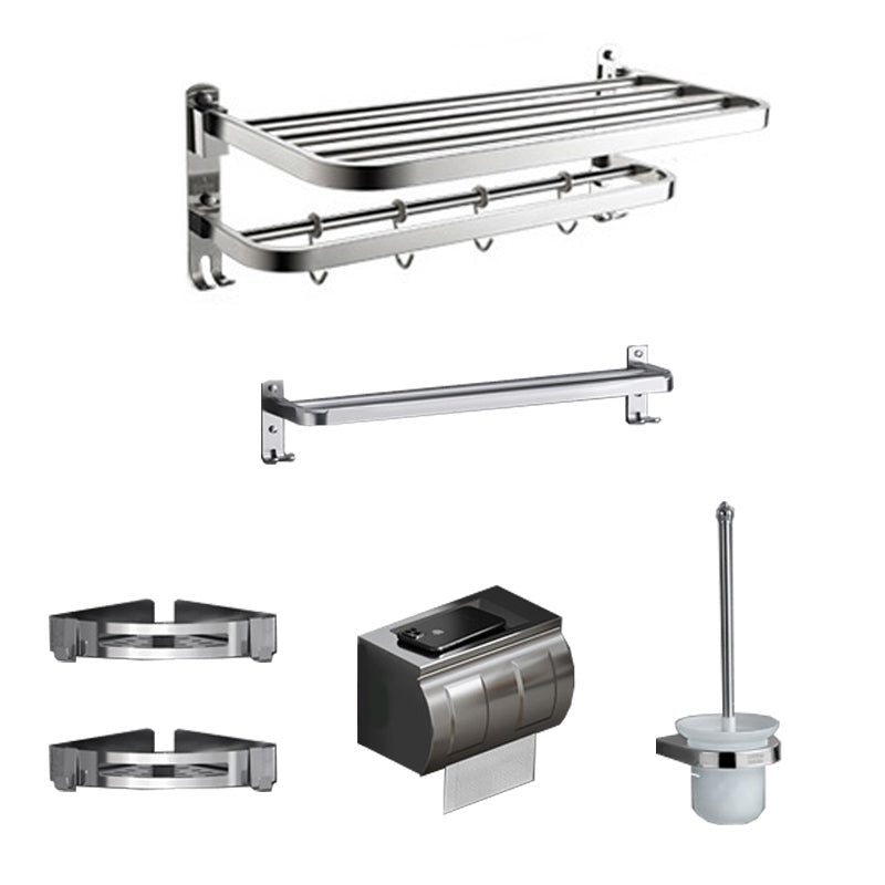 Polished Chrome Modern Bathroom Accessory Set in Stainless with Bath Shelf/Towel Bar Double Hooks Foldable 6-Piece Set Clearhalo 'Bathroom Hardware Sets' 'Bathroom Hardware' 'Bathroom Remodel & Bathroom Fixtures' 'bathroom_hardware_sets' 'Home Improvement' 'home_improvement' 'home_improvement_bathroom_hardware_sets' 6649274