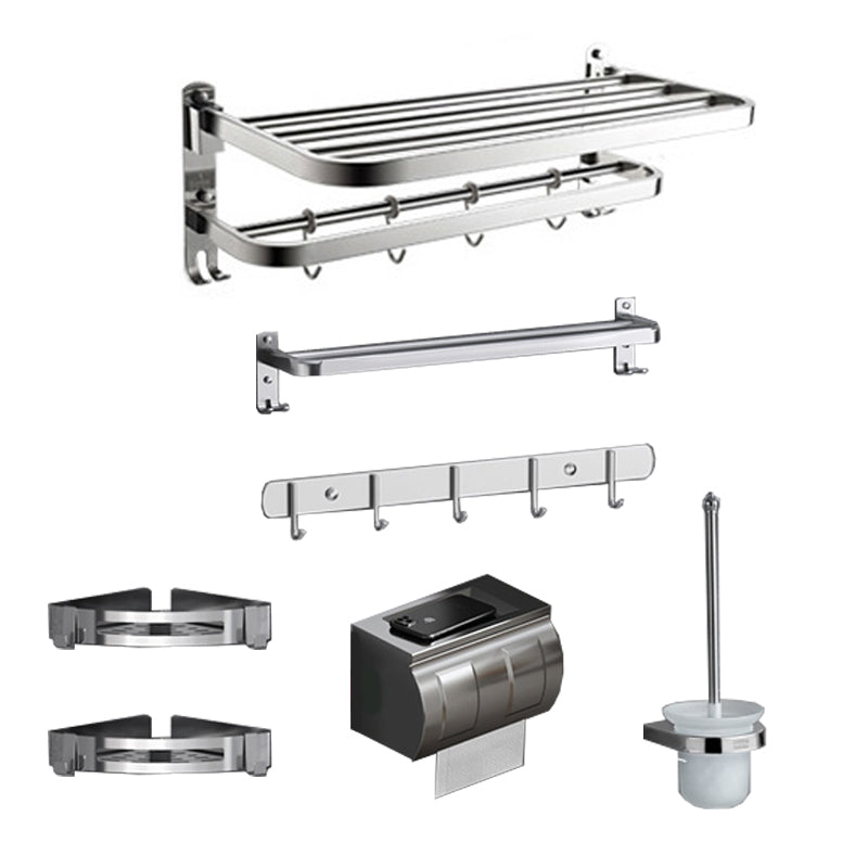 Polished Chrome Modern Bathroom Accessory Set in Stainless with Bath Shelf/Towel Bar Double Hooks Foldable 7-Piece Set Clearhalo 'Bathroom Hardware Sets' 'Bathroom Hardware' 'Bathroom Remodel & Bathroom Fixtures' 'bathroom_hardware_sets' 'Home Improvement' 'home_improvement' 'home_improvement_bathroom_hardware_sets' 6649276