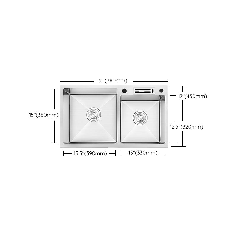 Contemporary Style Kitchen Sink Stainless Steel 2 Holes Kitchen Double Sink Clearhalo 'Home Improvement' 'home_improvement' 'home_improvement_kitchen_sinks' 'Kitchen Remodel & Kitchen Fixtures' 'Kitchen Sinks & Faucet Components' 'Kitchen Sinks' 'kitchen_sinks' 6659224