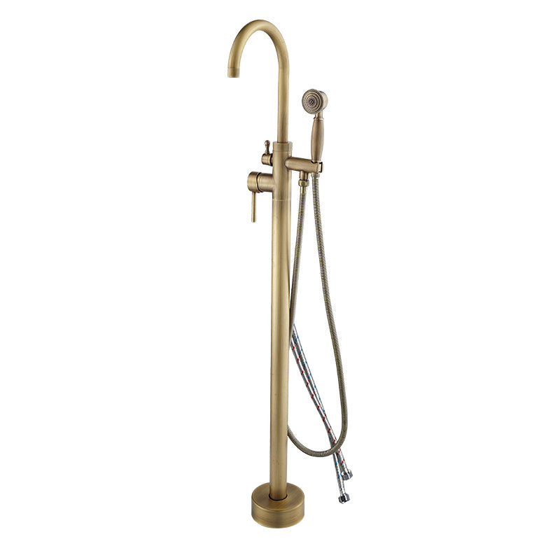 Floor Mounted Metal Freestanding Tub Filler High Arc Freestanding Tub Filler Trim Antique Brass Hand Shower Included Wall Clearhalo 'Bathroom Remodel & Bathroom Fixtures' 'Bathtub Faucets' 'bathtub_faucets' 'Home Improvement' 'home_improvement' 'home_improvement_bathtub_faucets' 6659334