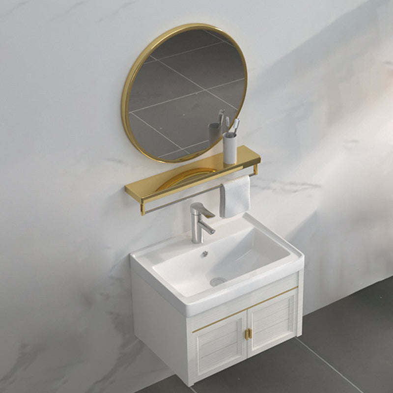 Single Sink Vanity Set Mirror Wall Mount Metal Frame Rectangle Bath Vanity with 2 Doors Vanity & Faucet & Round Mirror 20"L x 14"W x 16"H Clearhalo 'Bathroom Remodel & Bathroom Fixtures' 'Bathroom Vanities' 'bathroom_vanities' 'Home Improvement' 'home_improvement' 'home_improvement_bathroom_vanities' 6659503