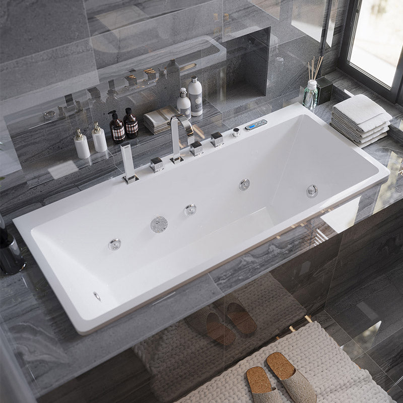 Contemporary Whirlpool/Soaking Bathtub Rectangle Drop-in Bathtub in White 63"L x 30"W x 22"H Massage & Thermostat Tub with Silver 5-Piece Set Clearhalo 'Bathroom Remodel & Bathroom Fixtures' 'Bathtubs' 'Home Improvement' 'home_improvement' 'home_improvement_bathtubs' 'Showers & Bathtubs' 6662820