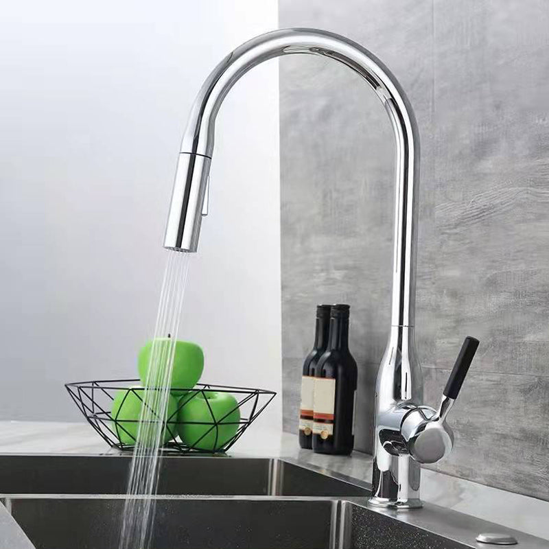 Contemporary Faucet Copper Single Handle High Arc Retractable Faucet for Kitchen Chrome Clearhalo 'Home Improvement' 'home_improvement' 'home_improvement_kitchen_faucets' 'Kitchen Faucets' 'Kitchen Remodel & Kitchen Fixtures' 'Kitchen Sinks & Faucet Components' 'kitchen_faucets' 6667183