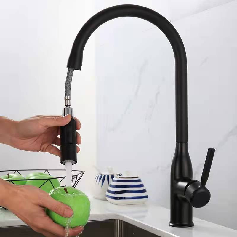 Contemporary Faucet Copper Single Handle High Arc Retractable Faucet for Kitchen Black Clearhalo 'Home Improvement' 'home_improvement' 'home_improvement_kitchen_faucets' 'Kitchen Faucets' 'Kitchen Remodel & Kitchen Fixtures' 'Kitchen Sinks & Faucet Components' 'kitchen_faucets' 6667191