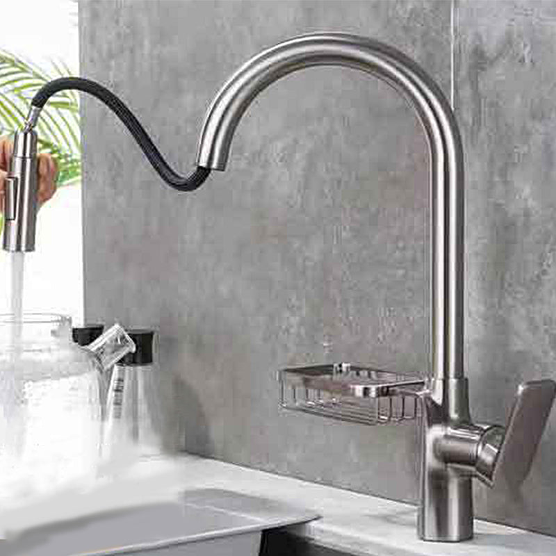 Contemporary Faucet Stainless Steel Single Handle High Arc Retractable Faucet for Kitchen Clearhalo 'Home Improvement' 'home_improvement' 'home_improvement_kitchen_faucets' 'Kitchen Faucets' 'Kitchen Remodel & Kitchen Fixtures' 'Kitchen Sinks & Faucet Components' 'kitchen_faucets' 6667196