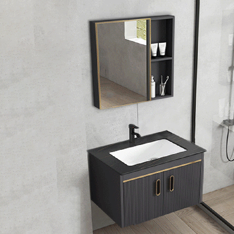 Contemporary Metal Sink Vanity Mirror Cabinet Wall-Mounted Vanity Cabinet Vanity & Faucet & Mirror Cabinet Black Clearhalo 'Bathroom Remodel & Bathroom Fixtures' 'Bathroom Vanities' 'bathroom_vanities' 'Home Improvement' 'home_improvement' 'home_improvement_bathroom_vanities' 6667769