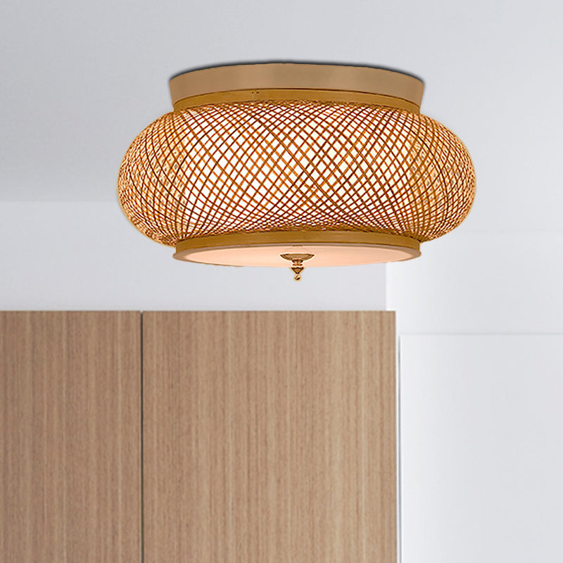 Hand-Knitted Flush Pendant Light with Lantern Design Asian Style Bamboo 3-Light Yellow Ceiling Fixture, 16"/19.5" W Clearhalo 'Ceiling Lights' 'Close To Ceiling Lights' 'Close to ceiling' 'Semi-flushmount' Lighting' 666912