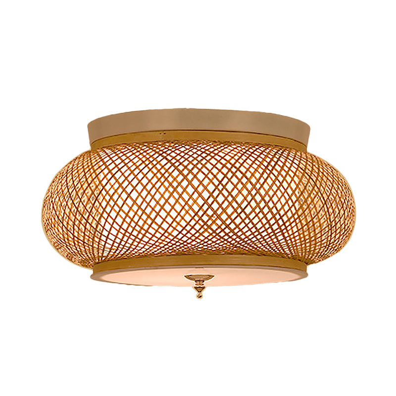 Hand-Knitted Flush Pendant Light with Lantern Design Asian Style Bamboo 3-Light Yellow Ceiling Fixture, 16"/19.5" W Clearhalo 'Ceiling Lights' 'Close To Ceiling Lights' 'Close to ceiling' 'Semi-flushmount' Lighting' 666913