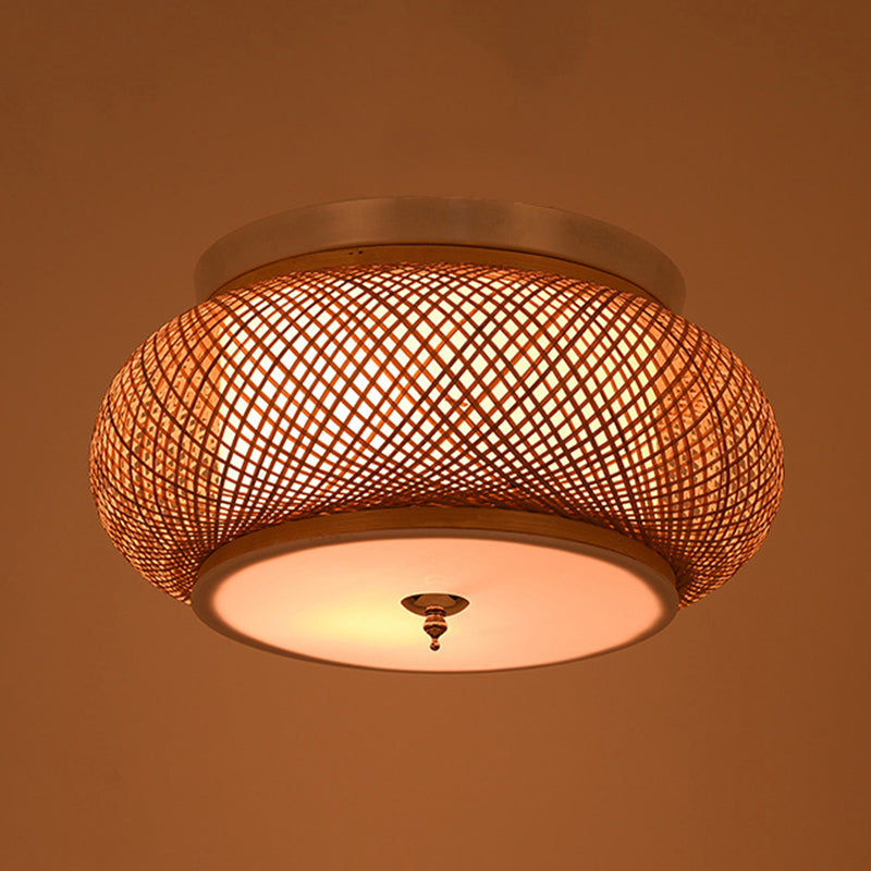 Hand-Knitted Flush Pendant Light with Lantern Design Asian Style Bamboo 3-Light Yellow Ceiling Fixture, 16"/19.5" W Clearhalo 'Ceiling Lights' 'Close To Ceiling Lights' 'Close to ceiling' 'Semi-flushmount' Lighting' 666914