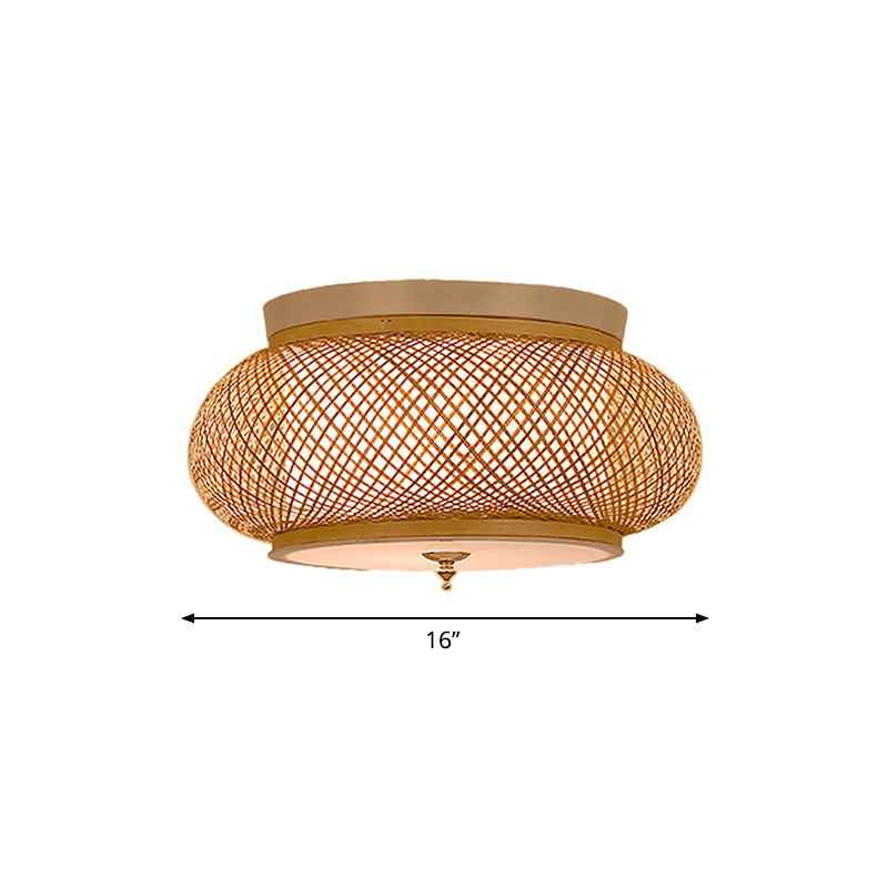 Hand-Knitted Flush Pendant Light with Lantern Design Asian Style Bamboo 3-Light Yellow Ceiling Fixture, 16"/19.5" W Clearhalo 'Ceiling Lights' 'Close To Ceiling Lights' 'Close to ceiling' 'Semi-flushmount' Lighting' 666915