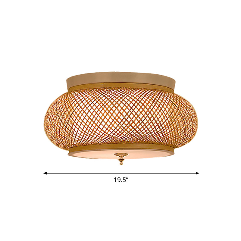 Hand-Knitted Flush Pendant Light with Lantern Design Asian Style Bamboo 3-Light Yellow Ceiling Fixture, 16"/19.5" W Clearhalo 'Ceiling Lights' 'Close To Ceiling Lights' 'Close to ceiling' 'Semi-flushmount' Lighting' 666916