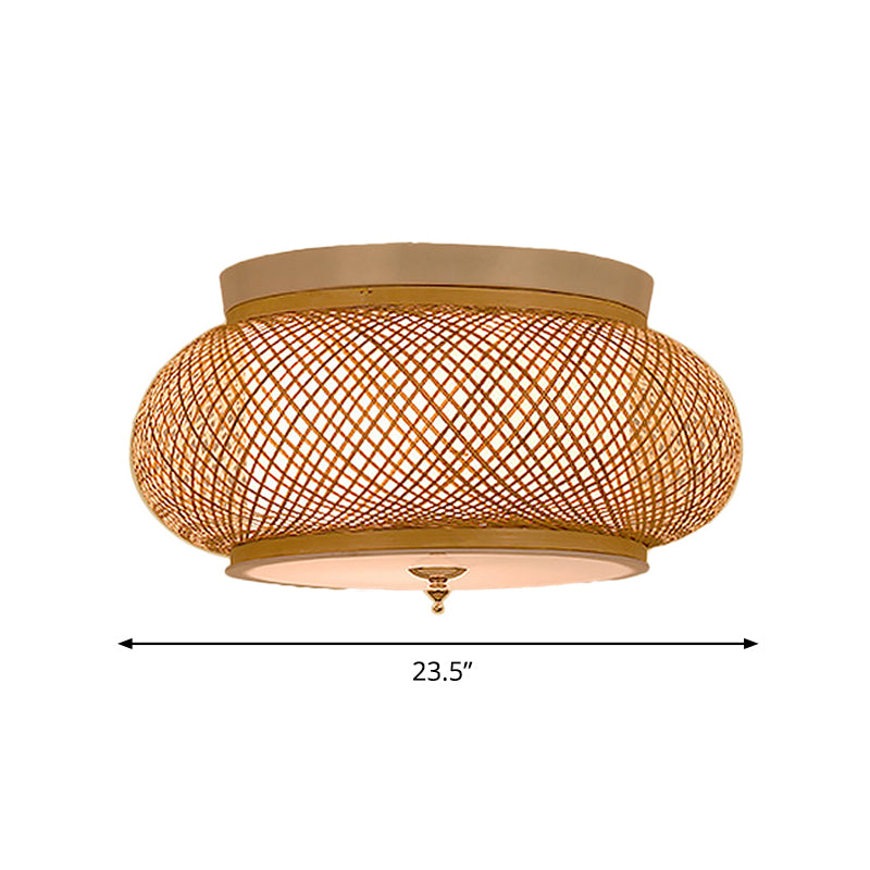 Hand-Knitted Flush Pendant Light with Lantern Design Asian Style Bamboo 3-Light Yellow Ceiling Fixture, 16"/19.5" W Clearhalo 'Ceiling Lights' 'Close To Ceiling Lights' 'Close to ceiling' 'Semi-flushmount' Lighting' 666917